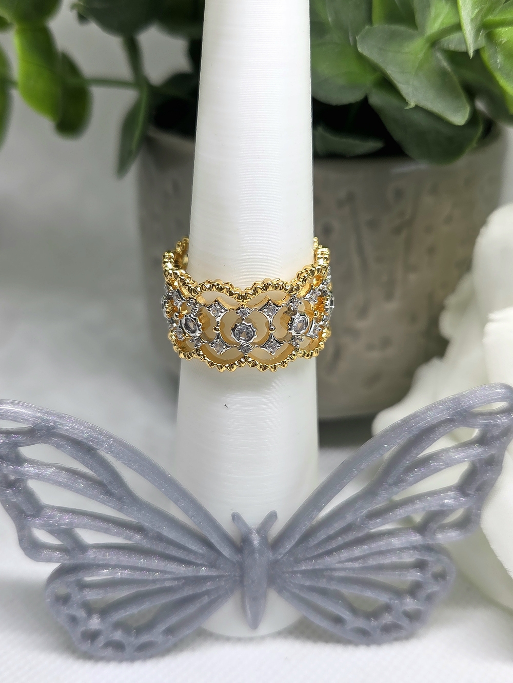Gold-Tone Floral Filigree Band with Clear Stone Accents